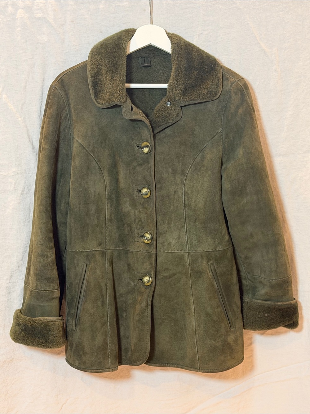 Women's Olive Suede Shearling Jacket - Roberto Pierguidi, Italian size 42